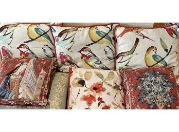 Collection Of Bird Theme And Floral Pillows (2) Tapestry And (5) Cotton Bird Motif