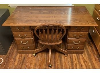 Vintage Desk With Solid Wood Top And Filing Drawers And Matching Chair On Casters