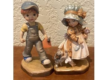 (2) 4 Inch Anri Designs Wooden Carved Figurines - 'spring Girl' 77/2000, And 'dad's Helper'