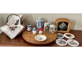 12 Fruit Napkins, Owl Salt & Pepper, Tea Cup W Strainer, Oak Swivel Lazy Susan, Stained Glass Napkin Holder