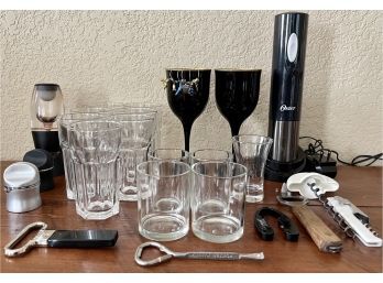 Assorted Bar Lot, Oster Electric Wine Opener, Vinturi Wine Aerator, Opener, Bottle Stoppers And More