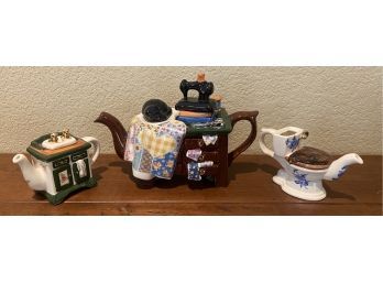 (3) Tony Carter Made In England Teapots Including Limited Edition Sewing Teapot 746/2000