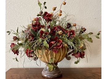 Large Pottery Fall Urn Filled With Faux Flowers