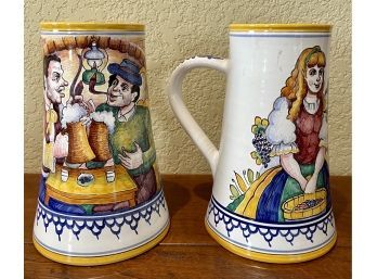 (2) Italian Steins Hand-painted (1) Signed MF 1994 Senica Pivari