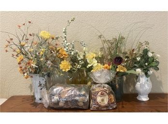 Floral Home Decor Lot Including Faux Flowers With Ceramic And Glass Vases