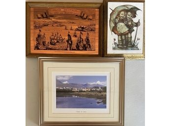 3 Small Art Pieces Including German Copper Plaque, Hummel Print On Wood And Ireland Photograph