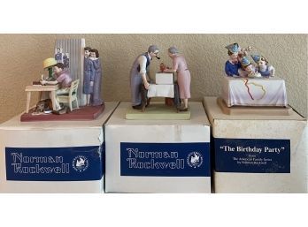 (3) Norman Rockwell Figurines With Boxes - The Student, The Birthday Party, Wrapping Christmas Presents