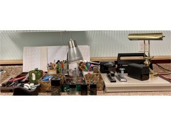 Large Collection Of Office Supplies Paper Cutter, Lamp, Pencil Sharpeners, Markers, Pencils, Tape, & More