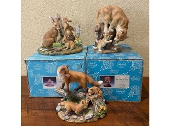 (3) Ceramic Figurines By Andrea Sadek - Mountain Lion With Cub, Red Fox Family, And Rabbit Family