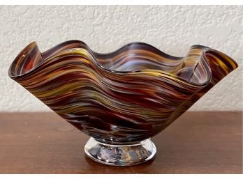 Signed Hand Blown Art Glass Ruffled Footed Bowl