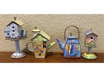 (4) Empress Arts Small Metal Birdhouses And Teapots