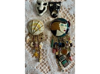 (3) Vintage Lunch At The Ritz Pendants/Pens With Enamel & Rhinestones, Theater, Seashell, Victoria Ladu