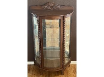 Vintage Oak Carved Glass Lighted Curio Cabinet With Key, Barley Twist Posts And Wood Applique Flowers