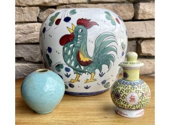 Made In China Jardiniere With Cruet & Small Pottery Turquoise Vase