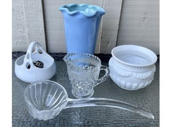 Vintage Glass & Pottery Collection, Sarah Michaels Bowl, Czech Basket,  Blue Pottery Vase & Glass Ladle