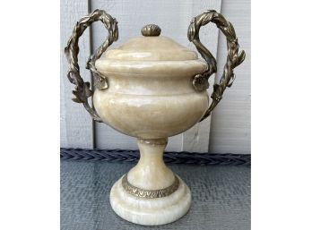 Vintage Carved Alabaster Urn With Brass Decorative Handles