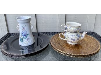 (8) Gold & Brown Plastic Chargers, Vintage Handled Floral Vase And Gracie China Teapot With Teacup Top