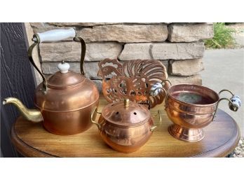 Vintage Copper Lot Including Rooster Trivet, Teapot With Porcelain Handle, Planter, And Potpourri