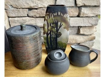 Ceramic & Glass Lot Including Sango Cream & Sugar With Pottery Tea Caddy, And Cameo Glass Vase