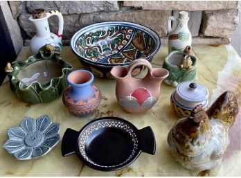 Small Vintage Pottery Lot Including Signed South Western, Candle Holders, Frogs, Bowls, & More