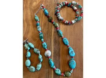 Peyote Bird 925 Silver, Turquoise,  And Coral Necklace With (2) Bracelets, One Wrap And One Solid Turquoise