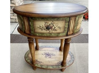 Painted Wood Oval Side Table With Single Drawer And Bottom Shelf