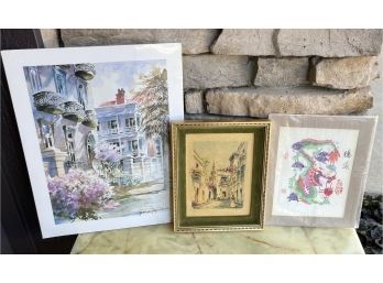 (3) Assorted Prints - Asian Hand Cut Paper Dragon, Josie Van Gent Edells, & Seville Moreno Watercolor