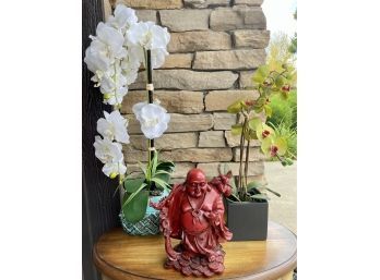 Asian Inspired Home Decor  Lot Including Resin Buddha Figurine & (2) Faux Orchids