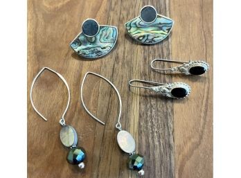 (3) Pairs Of Sterling Silver Earrings, Abalone, Bead & Abalone And Black Onyx And Silver Drops