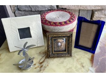 (2) Small Picture Frames With Hand Woven Covered Basket, Sheep Print, And Dragonfly Tea Light Holder