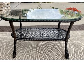 Outdoor Glass Top Rattan Table With Bottom Shelf