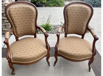 (2) Antique Walnut Upholstered Arm Chairs On Casters