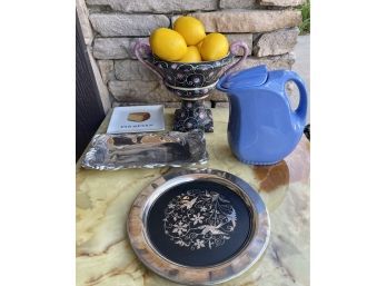 Arthur Court Aluminum Bread Plate, Oneida Silver Plate, Montgomery Ward Hall Pitcher, & Pedestal Bowl