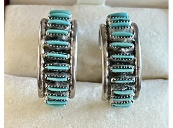 Vintage Pair Of Zuni Sterling Silver And Turquoise Petite Point Hoop Earrings