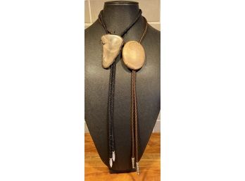 (2) Vintage Bolo Ties (1) Petrified Wood With Material Tie And (1) Stone  With Leather Tie