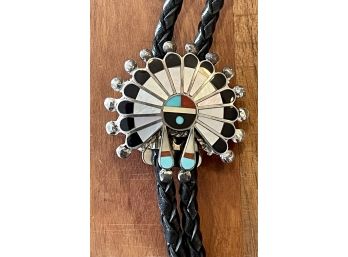 Vintage Adrian Wallace Sun Face Sterling Silver Native American Inlay Zuni Bolo Tie With Silver Tips Signed