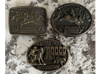 (3) Hesston Nation Finals Rodeo Brass Belt Buckles - 1976 - 1977 - 1978