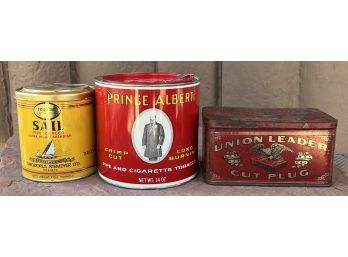 (3) Vintage Tin Tobacco Cans - Prince Albert, Sail, And Union Leader