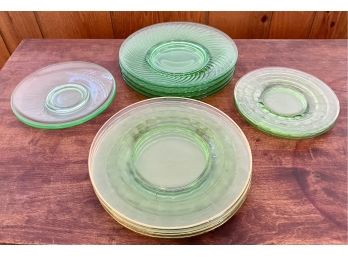 Collection Of Uranium Glass And Green Glass Swirl Plates, Some With Gold Rims