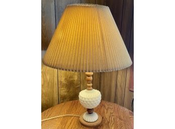 Mid Century Modern Milk Glass Quilt Pattern Lamp With Wood Base