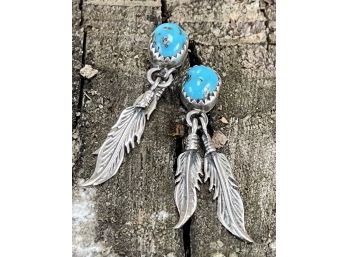 Vintage Native American Sterling Silver And Turquoise Post Earrings With Silver Feathers