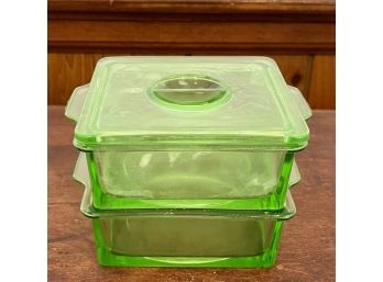 1930's Vintage Hazel Atlas Uranium Depression Glass Stacking Refrigerator Set