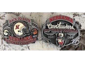 (2) Pewter Nebraska Cornhuskers Belt Buckles - 1989 100th Anniversary & 1994/1995 Back To Back Champions