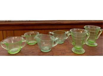 Collection Of 1930's Uranium Depression Glass - (2) Cream And Sugar (1) Optic Pattern, (2) Sugars