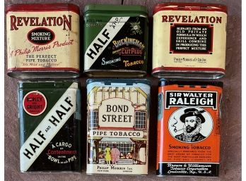 (6) Vintage Tobacco Tins - Revelation, Half And Half, Bond Street, Sir Walter Raleigh, And More