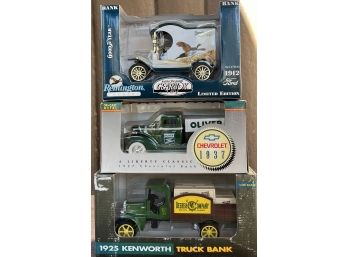 (3) Assorted Die-cast Truck Banks- Ertl 1925 Kenworth, Liberty Classic 1937 Chevrolet, Gearbox Toy 1912 Ford