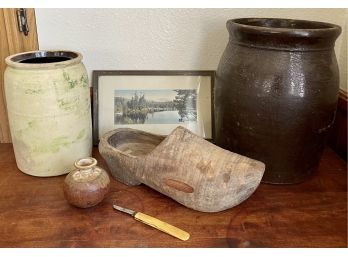 Collection Of Antiques - Sheffield, Vaughan Celluloid Pocket Knife, 1800s Weymans Snuff Jar, Crock, And More