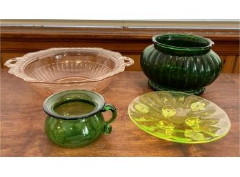 Pink Depression Glass Bowl, Green A.L.D. Co. Vase, Etched Uranium Glass Compote, Small Green Handled Mug