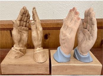 (2) Pairs Of Hand Made 1980's Ceramic Praying Hands On Bases