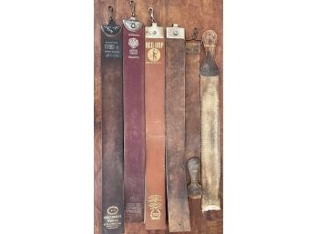 Collection Of Antique Barber Strops With Holders- Kokens, C-mon, Red IMP, Genuine Russian Tannage